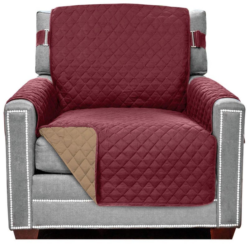 Sofa Shield Armchair Slip Cover with Patented Strap, Cushion Protector, US Designed Reversible Stain and Dog Tear Resistant Slipcover, 23 inch Seat, Washable Covers for Dogs Pets, Burgundy Tan - Image 1
